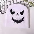 White Halloween knitted beanie with black ghost face jacquard pattern for winter - One Size / White