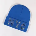 Dark blue NYC rhinestone knit beanie with sparkling crystals and ribbed texture - Blue