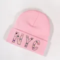 Pink knit beanie hat featuring colorful NYC rhinestone letter embellishments - Pink