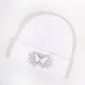 White knit beanie hat featuring a shiny rhinestone butterfly pattern on the cuff - White