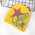 Yellow knitted beanie with red star and blue graffiti patterns for outdoor winter warmth - Yellow / Red Star