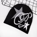 Knitted beanie hat with star pattern for outdoor winter warmth in black and grey - Black / Gray Star