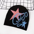 Black knitted beanie hat with stylish pink star and blue letter G graphic patterns - Black / Pink Star