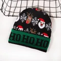 Christmas knit beanie in black and green with Santa patterns and HO HO HO text - Black