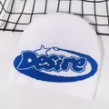 White jacquard knit beanie with blue Desire letter pattern for winter street style - White/Blue