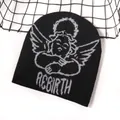 Winter knit beanie featuring a grey angel and REBIRTH text on a black ribbed surface - One Size / Black+Gray