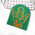 Green knitted beanie featuring an orange angel jacquard and Rebirth text embroidery - One Size / Dark Green