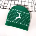 Green Christmas knitted hat featuring white reindeer patterns and wave knit details - Green White Reindeer