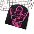 Black jacquard knitted beanie featuring a pink angel pattern and REBIRTH text design - One Size / Black and Deep Pink