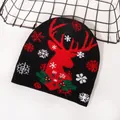 Black Christmas knit hat featuring a large red reindeer pattern and snowflake details - Deer Head