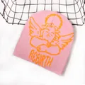Pink knitted beanie with orange angel motif and REBIRTH text on a white background - One Size / Light Pink