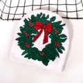 White Christmas knit beanie featuring an embroidered green wreath and red festive bow - Wreath