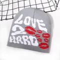 Grey knit beanie with white LOVE 2 HARD text and red lip motifs for winter warmth - One Size / Gray