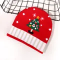 Red Christmas knit beanie with green tree pattern and snowflake dots on white background - Christmas Tree