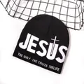 Berretto nero in maglia con scritta JESUS bianca e simbolo della croce stile outdoor - Taglia unica / Nero/Bianco
