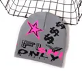 Unisex grey jacquard knit beanie with pink star and FLY ONLY graphic for winter outdoor - One Size / Gray