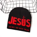 Berretto in maglia nera con ricamo Jesus rosso e slogan religioso sulla parte anteriore - Taglia unica / Nero/Rosso