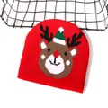Red Christmas knit beanie featuring a festive reindeer pattern with a small green hat - One Size / Reindeer with Red Hat