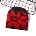 Street style black and red jacquard knitted beanie featuring an abstract flower pattern - One Size / Black Red