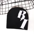Black knitted beanie hat featuring bold white B7 jacquard pattern on a white background - Black (Letter B7 Style)