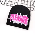 Μαύρος πλεκτός σκούφος streetwear με ροζ γράμματα PLEASURE σε λευκό γραφικό επίθεμα - Μαύρο