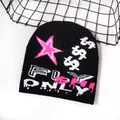 Streetwear black jacquard beanie featuring pink star and dollar signs pattern - One Size / Black