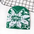 Jacquard knit beanie in bright green and white with eye-pattern star flower design - One Size / Dark Green