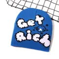 Berretto in maglia blu reale con scritta Get Rich jacquard bianca e stelle - Taglia unica / Blu Zaffiro