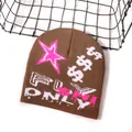 Dark brown jacquard beanie featuring pink star and FLY ONLY text in Y2K street style - One Size / Brown