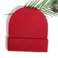 Classic red ribbed knit beanie hat with wide cuff shown from a top-down perspective - Red