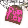 Streetwear knitted beanie in coffee brown with pink SO FEY jacquard lettering and stars - One Size / Coffee
