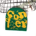 Dark green knitted beanie with yellow jacquard letters and star patterns for winter - One Size / Dark Green