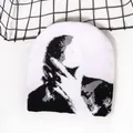 White jacquard knit beanie featuring grey pixelated portrait pattern for winter style - White (Portrait Jacquard Style)