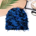 Blue and black camo fluffy knit beanie hat with soft long-hair plush yarn texture - One Size / Black Blue