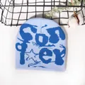 Light blue knit beanie with dark blue jacquard letters on white background - One Size / Light Blue