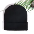 Minimalist elastic black acrylic knitted beanie hat with wide cuff for winter comfort - Black