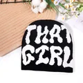 Black and white knitted beanie featuring bold THAT GIRL jacquard text for street style - One Size / Black and White
