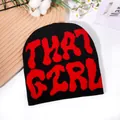 Black knitted beanie featuring bold red THAT GIRL jacquard text for street fashion - One Size / Black Red