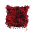 Fuzzy cat ear knit hat in red and black with distressed tassels for winter warmth - One Size / Black Red