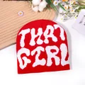 Red knit beanie featuring white 'THAT GIRL' jacquard text in a stylish street style - One Size / Red