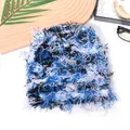 Fuzzy camouflage knit beanie in blue, black and white with shaggy tassel fringe texture - One Size / Blue