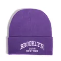 Purple ribbed knit beanie featuring Brooklyn 1898 New York white embroidery detail - One Size / Purple