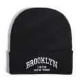 Black knit beanie with white Brooklyn 1898 embroidery in a street fashion style - One Size / Black