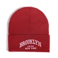 Classic dark red knit beanie featuring white Brooklyn 1898 New York embroidery details - One Size / Wine Red