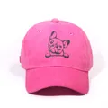 Pink washed denim baseball cap featuring a pug print and curved brim for men and women - Rose Red