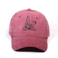 Vintage washed red cotton baseball cap with a pug print and curved brim for unisex wear - Burgundy