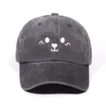 Washed denim baseball cap in dark grey with cute cartoon embroidery for men and women - Black