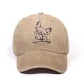 Khaki washed cotton baseball cap with a minimalist black French Bulldog print - Khaki