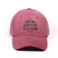 Vintage washed red cotton baseball cap featuring ASK ME printed text on a white background - One Size / Burgundy