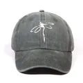 Washed dark grey baseball cap with minimalist white dragonfly print on cotton canvas - Dark Green
